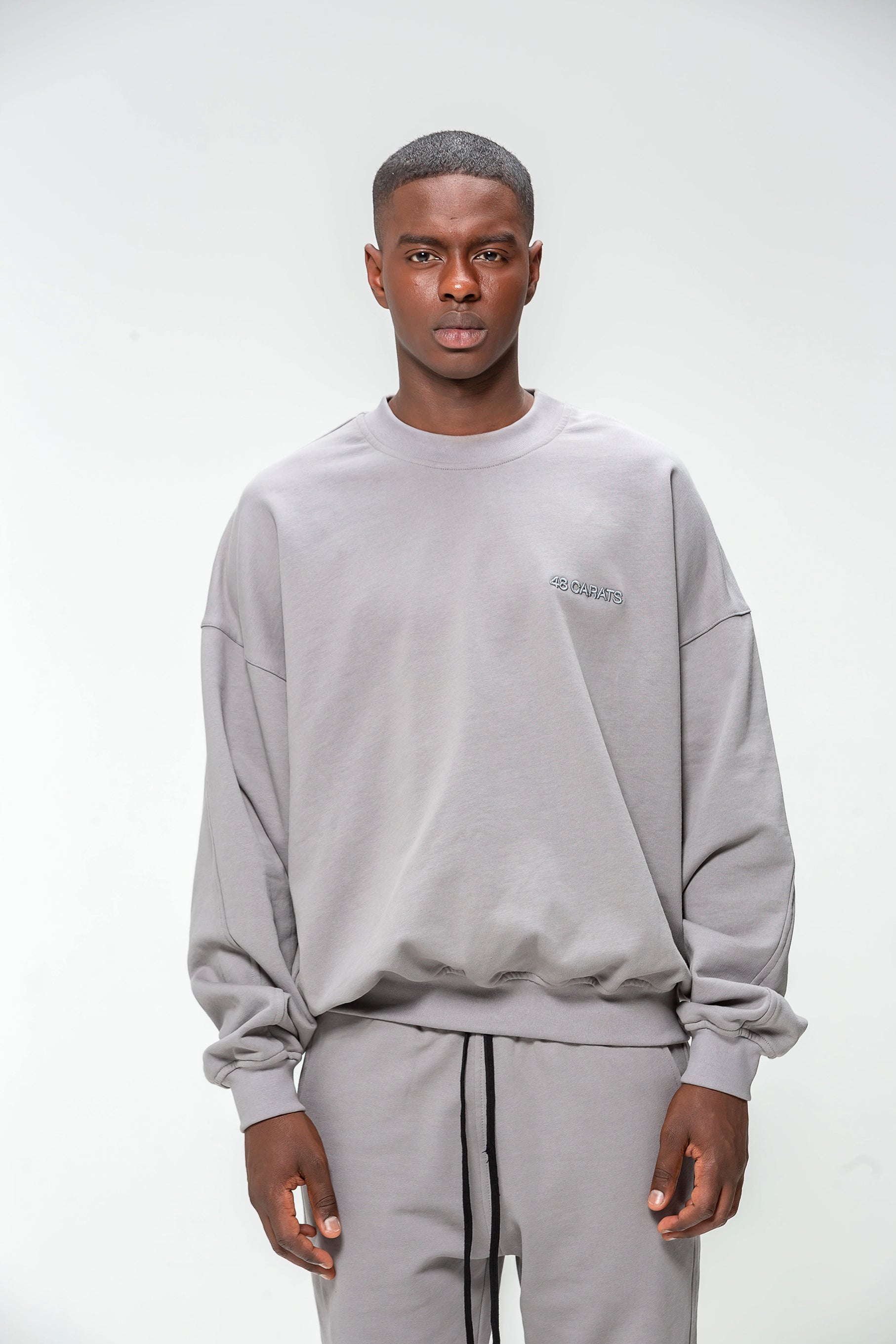 Gray Round Neck Sweatshirt with Embroidered Logo