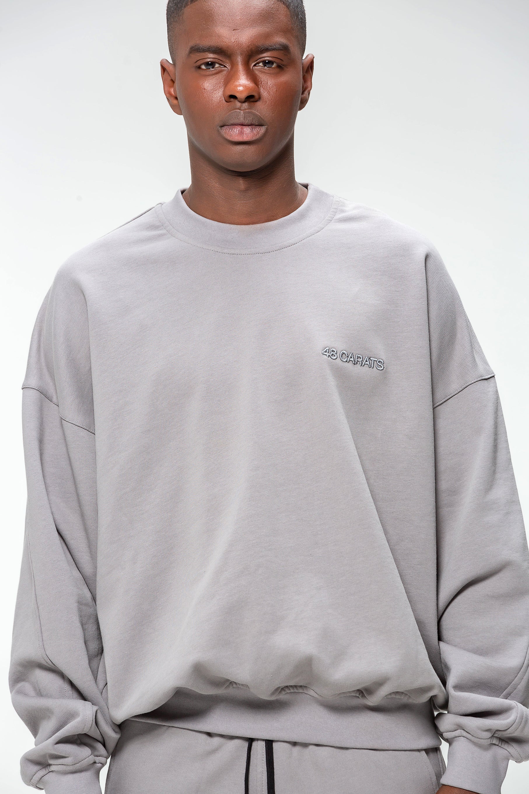 Gray Round Neck Sweatshirt with Embroidered Logo