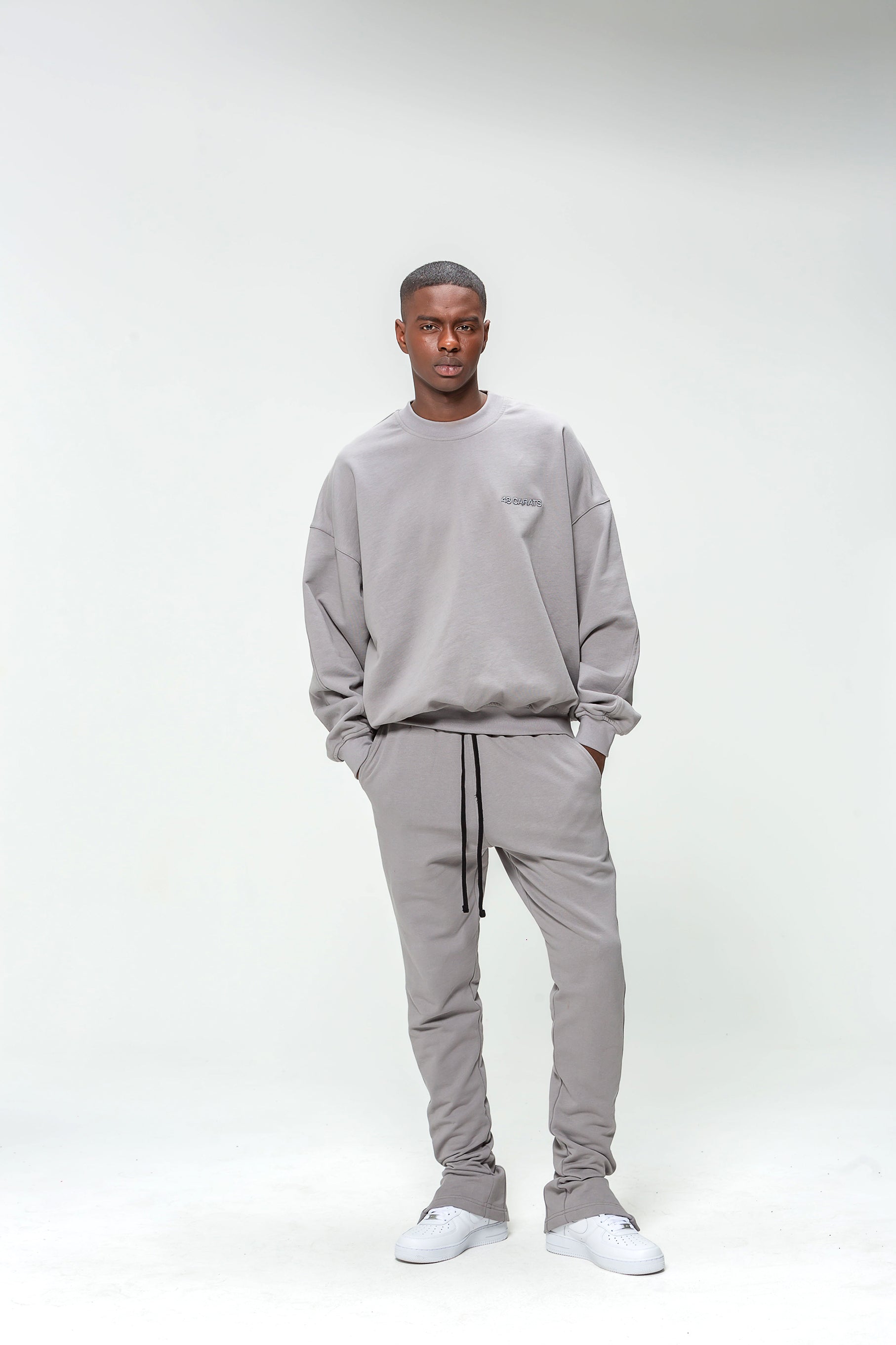 Gray Round Neck Sweatshirt with Embroidered Logo