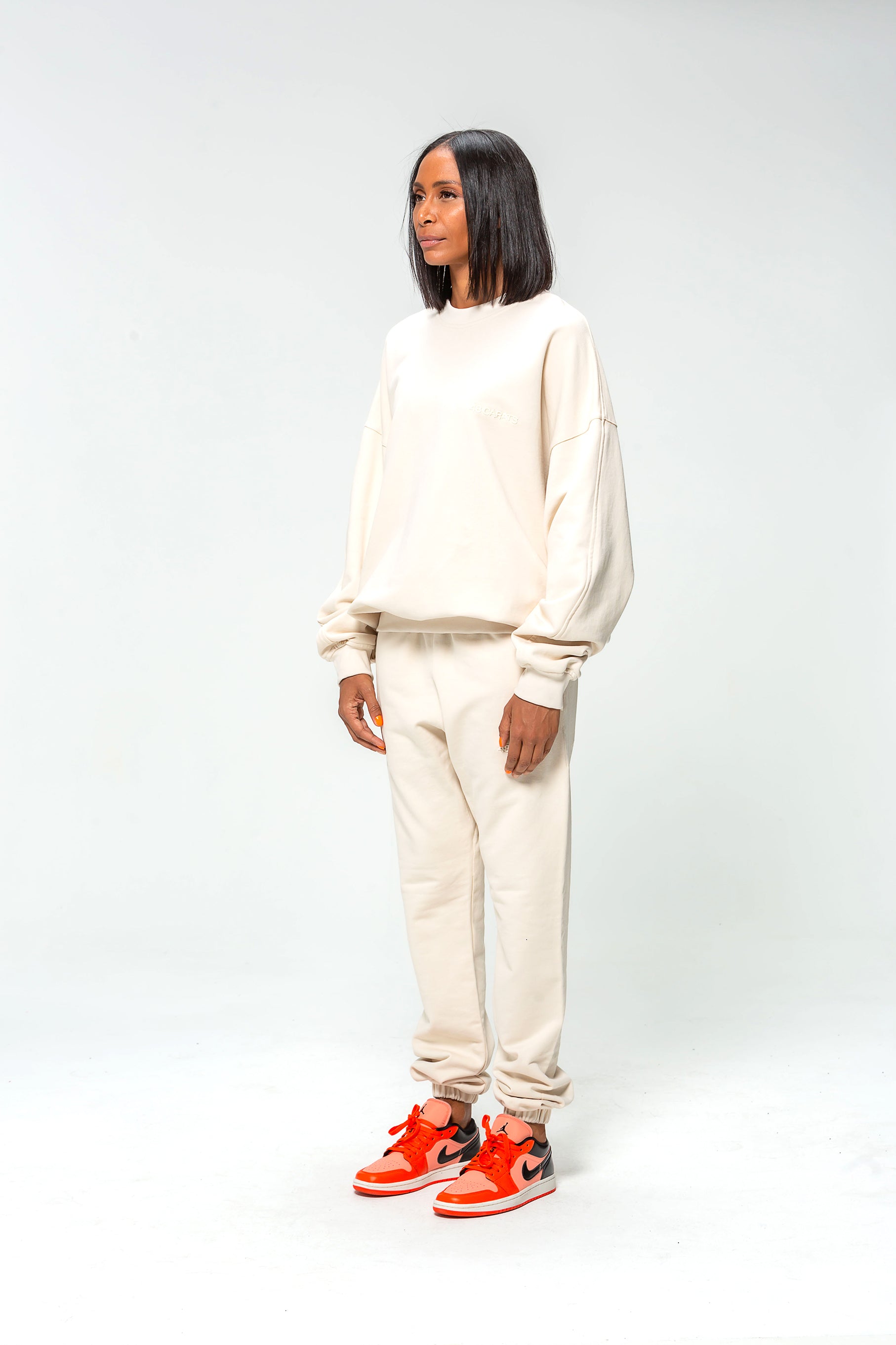 Beige Round Neck Sweatshirt with Embroidered Logo