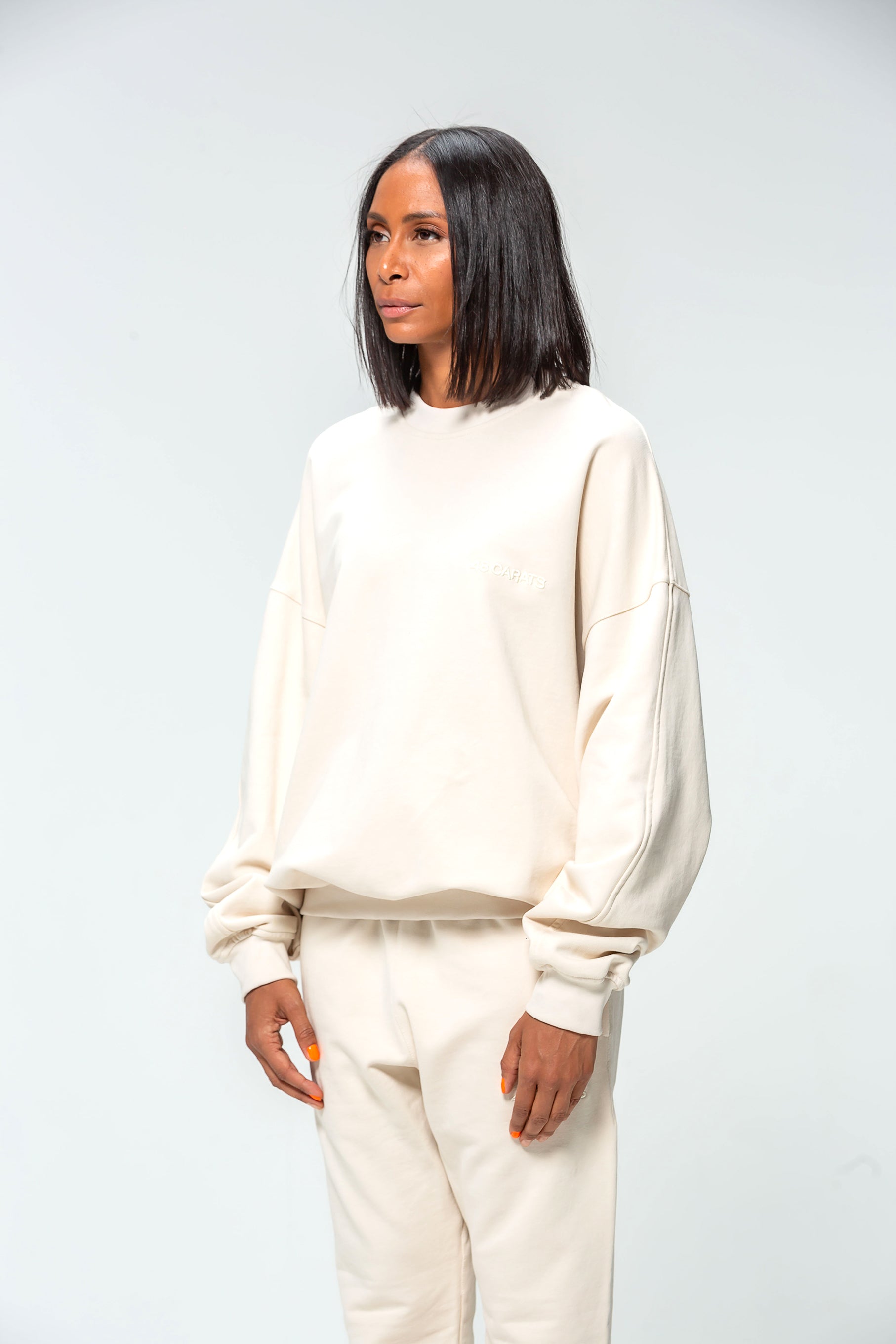 Beige Round Neck Sweatshirt with Embroidered Logo