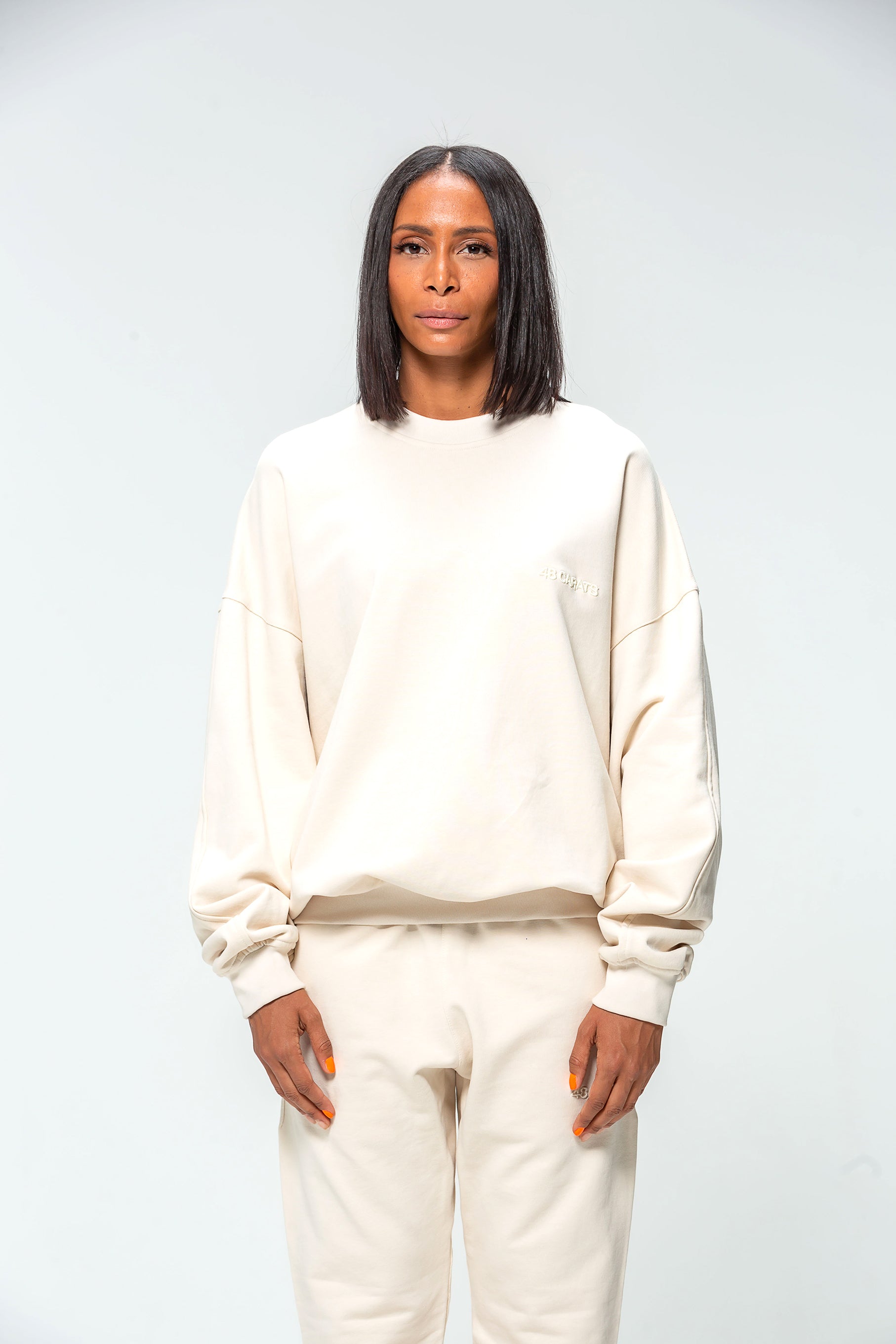Beige Round Neck Sweatshirt with Embroidered Logo
